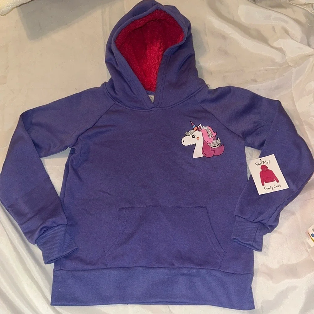 Bobbie Brooks Girls Purple Unicorn Sherpa Lined Hoodie Sweatshirt Size M 7/8 NWT